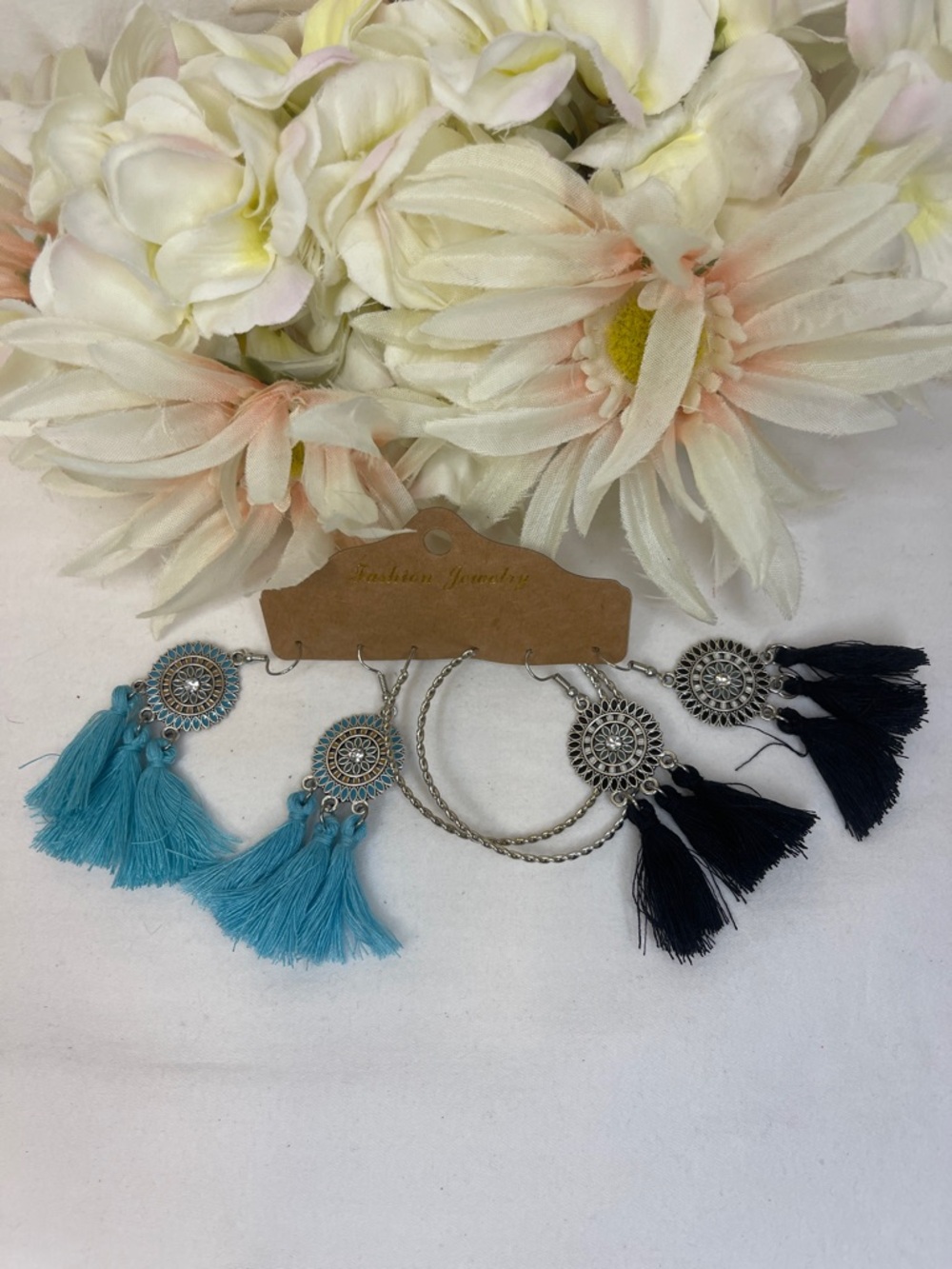 3 Pair Earrings Turquoise & Black Tassel Dangle and Hoops